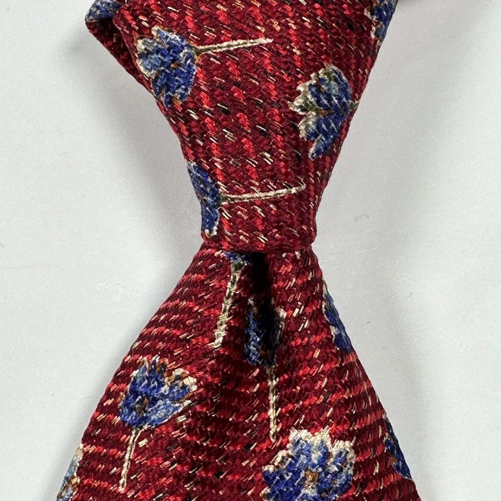 Ermenegildo Zegna 100% Silk Tie‎ Mens Red Blue Floral Jacquard Geometric Necktie